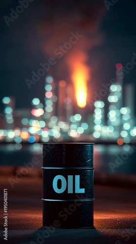 A black oil barrel stands in the foreground with a blurred industrial background. Flames erupt from a refinery, symbolizing oil production and geopolitical tensions.