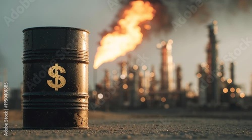A black oil barrel with a dollar sign stands in the foreground. An oil refinery emits flames and smoke in the background. The scene reflects geopolitical tensions and oil prices.