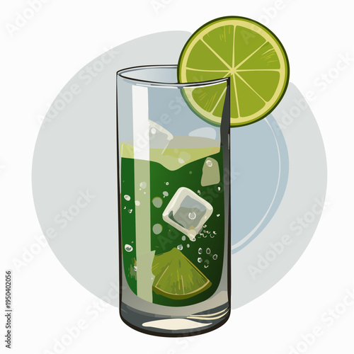 Sophisticated Vector Illustration of a Refreshing Classic Mojito Cocktail with Fresh Lime and Ice Cubes in a Highball Glass, Isolated on a Minimalist Circular Background
