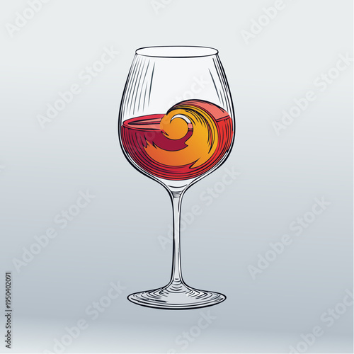 Minimalist Hand Drawn Vector Illustration of a Glass of Red Wine with Abstract Swirl Isolated on White Background