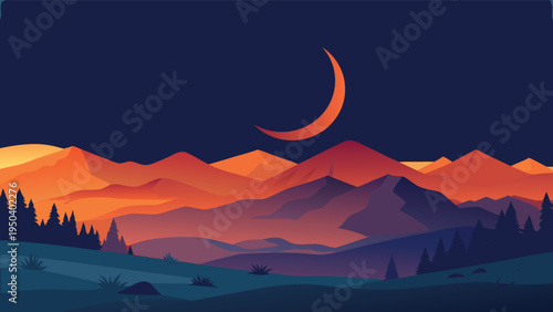 A serene night landscape featuring a glowing crescent moon over layered orange mountain silhouettes