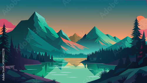 A serene landscape featuring majestic mountains reflecting in a calm lake during a colorful sunset