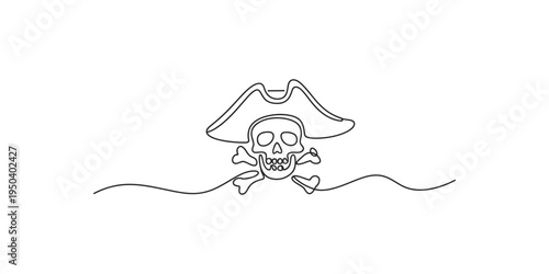 Pirate skull and crossbones wearing a hat on a wavy line drawing illustration icon symbol
