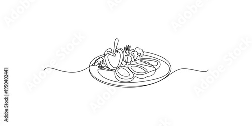 Continuous line drawing of a plate of sliced meat and vegetables one art single illustration