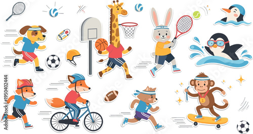 Cute Cartoon Animals Playing Sports Illustration Set Featuring Dog, Fox, Rabbit, Giraffe, Monkey and Penguin in Football, Basketball, Tennis, Swimming and Cycling Activities