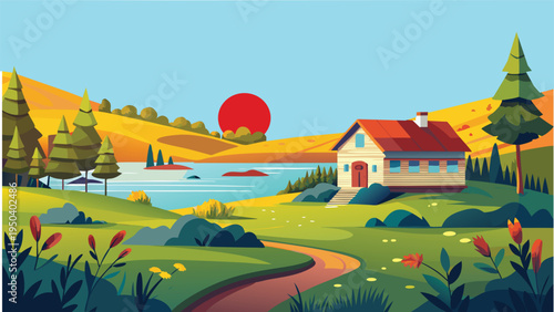 A scenic landscape featuring a cozy cottage by a tranquil lake under a bright red setting sun