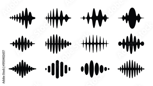 Sound wave silhouettes in black on white background audio signal waveforms music or voice frequency patterns