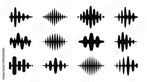 Sound wave patterns black audio waveforms on white background music or voice frequency illustrations