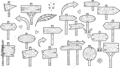 Wooden Signpost and Direction Arrow Signs Doodle Set - Hand Drawn Vector Collection