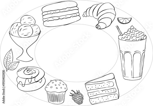 Cafe Frame template Oval hand drawn Black white illustration. Vector graphic line ink art. Perfect for cafe logo, branding, packaging, labels, and modern decor design.