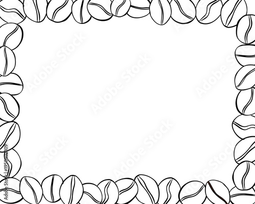 Roasted coffee beans blank rectangle Black white frame. Frame template Cafe hand drawn illustration. Vector graphic line ink art. For poster, invitation, backdrop, sale promotion, print for t-shirt