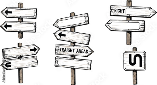 Rustic Wooden Direction Signpost Set with Arrows - Hand Drawn Vintage Vector Illustration