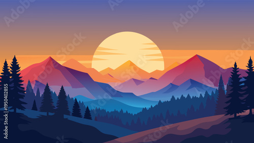 A vibrant digital illustration of a majestic mountain range at sunset with a lush pine forest front