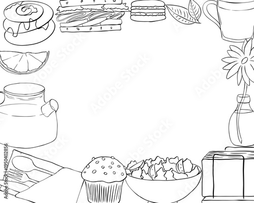 cafe food coffee tea Frame template Oval rectangle Black white Cafe hand drawn illustration. Vector graphic line ink art. Silhouette sign for logo, print, comics, fashion, pop art, boards