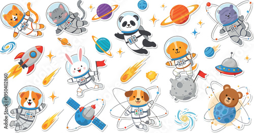 Cute Astronaut Animals Space Adventure Illustration Set Featuring Dog, Cat, Panda, Rabbit, Bear in Spacesuits with Rockets, Planets and Galaxy Elements