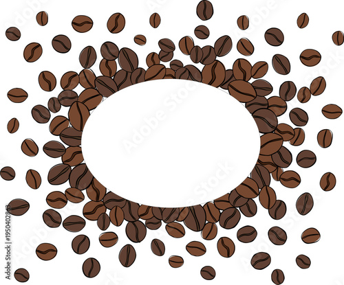Coffee beans decoration element. Frame template Oval Cafe hand drawn illustration. Vector graphic line ink art. for package, holiday design, fabric and textile.