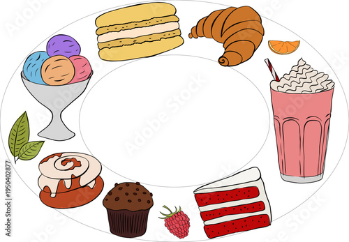 Cafe Frame template Oval hand drawn illustration. Vector graphic line ink art. Perfect for cafe logo, branding, packaging, labels, and modern decor design.