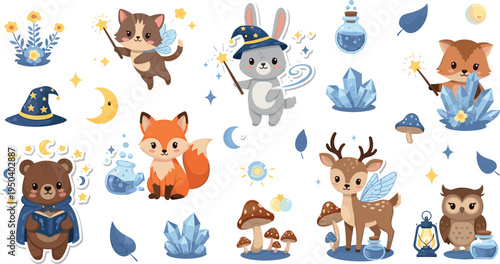 Cute Fantasy Forest Animals and Magic Elements Illustration Set Featuring Fox, Bear, Deer, Owl, Rabbit with Wizard Hats, Crystals and Enchanted Woodland
