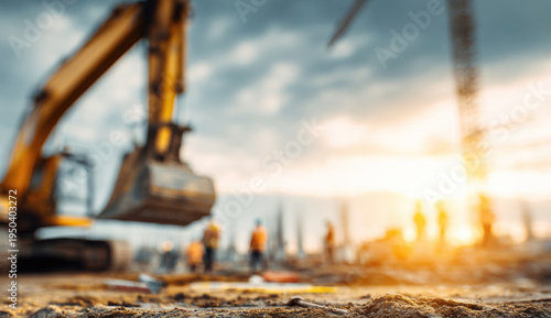 Construction site work in progress with excavator, workers moving at sunset light, urban development planning