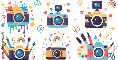 Creative Photography Camera Illustration Set Featuring Cartoon Cameras with Art Supplies, Paint Splashes, Pencils, Brushes and Colorful Design Elements for Creative Media
