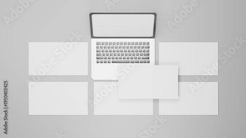 Laptop Mockup with Blank Screen and Floating UI Cards Layout, Minimal 3D Render Technology Template for Website Interface and App Presentation