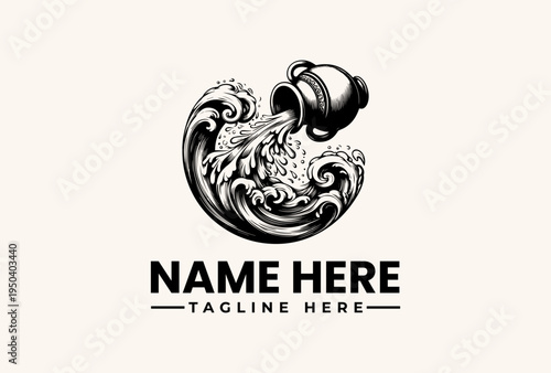 Black and white illustration of a pouring jug surrounded by swirling waves and floral patterns, with a bold logo and tagline on a light beige background.