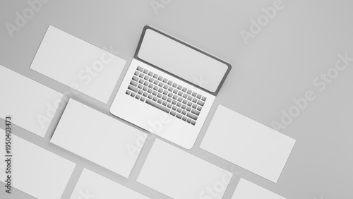 Laptop and Floating Paper Cards Mockup on Minimal Studio Background, Blank Screen Device Template for Website Layout, UI Presentation and Digital Technology Display