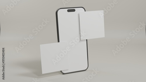 Smartphone Mockup with Floating Paper Frames on Minimal Background, Blank Screen Device Template for Mobile App Interface and Social Media Presentation