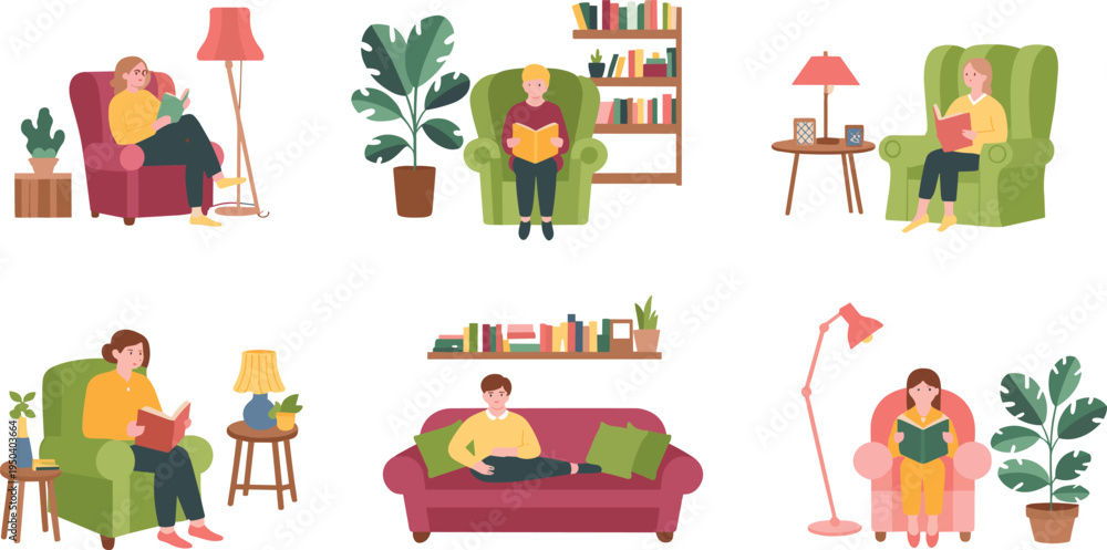 Fototapeta premium People reading books at home set, cozy armchair sofa reading lifestyle flat minimalist vector illustration collection for education and leisure