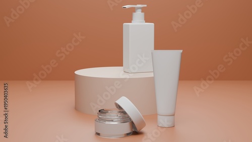 Skincare Cosmetic Packaging Mockup with Cream Jar and Pump Bottle on Orange Background, Minimal 3D Render Beauty Product Branding Template