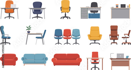 Office furniture set, modern workplace desk chair sofa workstation vector illustration collection for corporate interior workspace design