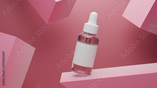 Floating Serum Dropper Bottle Mockup on Abstract Pink Geometric Background, Modern 3D Render Cosmetic Packaging for Beauty Advertising
