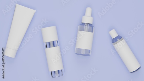 Cosmetic Tube and Bottle Mockup Set on Purple Background, Clean 3D Render Skincare Packaging Template for Beauty Brand Presentation