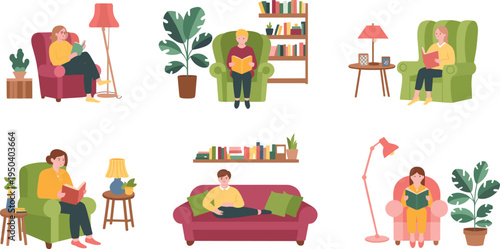 People reading books at home set, cozy armchair sofa reading lifestyle flat minimalist vector illustration collection for education and leisure