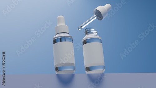 Serum Dropper Bottle Mockup Set on Blue Background, Clean 3D Render Cosmetic Packaging Template for Skincare Branding and Advertising