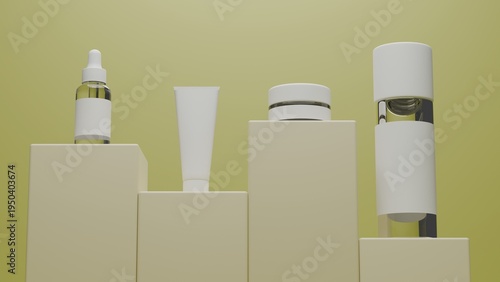Cosmetic Skincare Packaging Mockup with Bottles and Tubes on Yellow Podium Background, Minimal Beauty Product Display Template