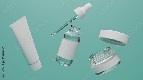 Cosmetic Skincare Packaging Set with Tube and Serum Bottle on Green Background, Minimal 3D Render Beauty Product Branding Template