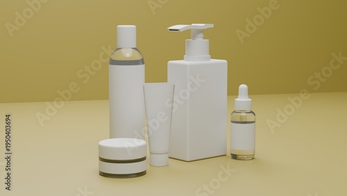 Skincare Bottle and Cream Jar Mockup Set on Yellow Background, Minimal Cosmetic Packaging Template for Beauty Product Branding and Advertising
