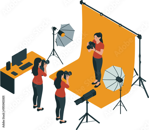 Professional photography studio photoshoot illustration, photographers capturing model with lighting equipment and backdrop, creative media production isometric vector design
