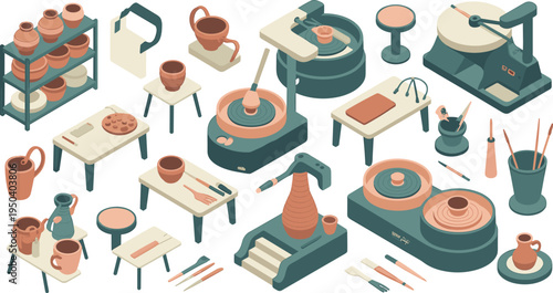 Pottery workshop tools and ceramic making equipment set, clay wheel sculpting tools pottery studio isometric vector illustration collection