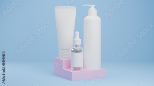 Serum Dropper Bottle Mockup with Cosmetic Packaging on Blue Podium Background, Minimal 3D Render Skincare Product Template for Beauty Branding