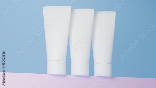 Cosmetic Skincare Tube Mockup Set with Blank Packaging on Blue Studio Background, Minimal 3D Render Beauty Product Template for Branding and Advertising