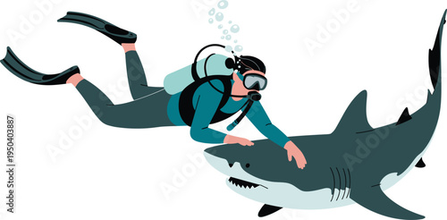 Scuba diver interacting with shark underwater illustration, ocean diving adventure with marine predator encounter, scuba diving exploration vector design