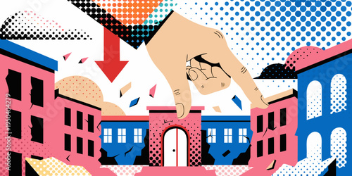 Hand pointing at a building represent city ​​governance. Metaphor vector illustration