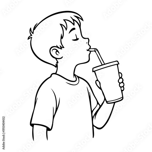Dibujo sencillo con líneas de un chico joven bebiendo de un vaso de papel con una pajita, sujetándolo con una mano