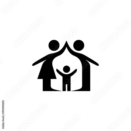 Black solid silhouette icon of parents and child forming a house shape together