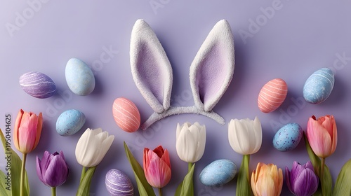 Detailed Overhead Easter Celebration with Vibrant Tulips and Painted Eggs on a Serene Lilac Backdrop