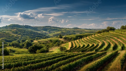 Dynamic portrayal of Hungarian viniculture with terraced vineyards near Koszeg, blending historical wine crafting and scenic natural beauty along the Austrian border
