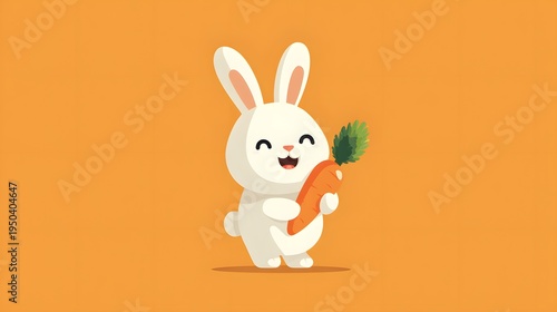 Endearing Cartoon Rabbit with Exquisitely Clean Teeth Clasping a Luscious Carrot in a Sleek Minimalistic Flat Design Scene
