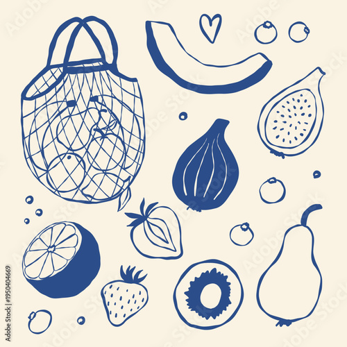 Artistic line drawings of various fruits with textured background and playful layout